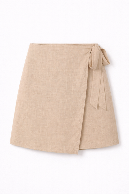 Tan wrap mini skirt with side tie detail — RIVI
