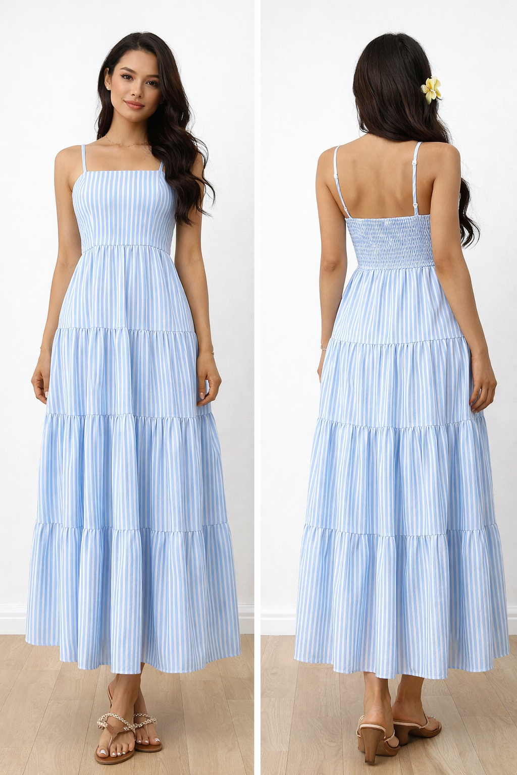 Blue stripe tiered maxi dress studio hero — RIVI