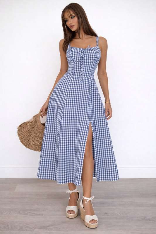 blue gingham midi dress front view with fitted bodice and side slit