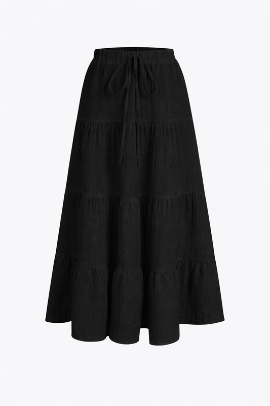 Black cotton tiered maxi skirt — studio front view — RIVI