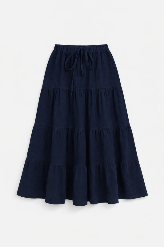 Navy blue cotton tiered maxi skirt — studio front view — RIVI