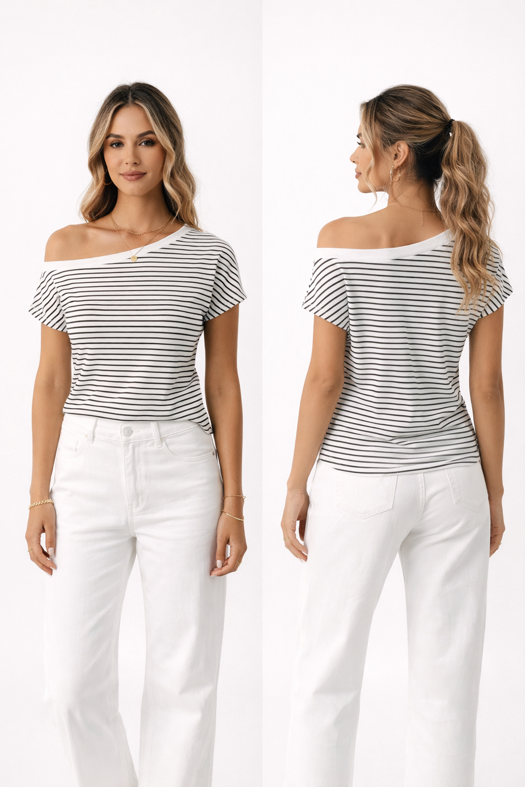 Black stripe off shoulder top styled on coastal terrace — RIVI