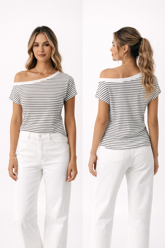 Black stripe off shoulder top styled on coastal terrace — RIVI