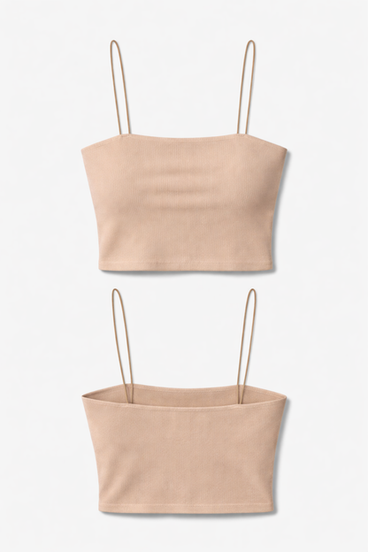 Tan ribbed knit crop top close-up texture — RIVI