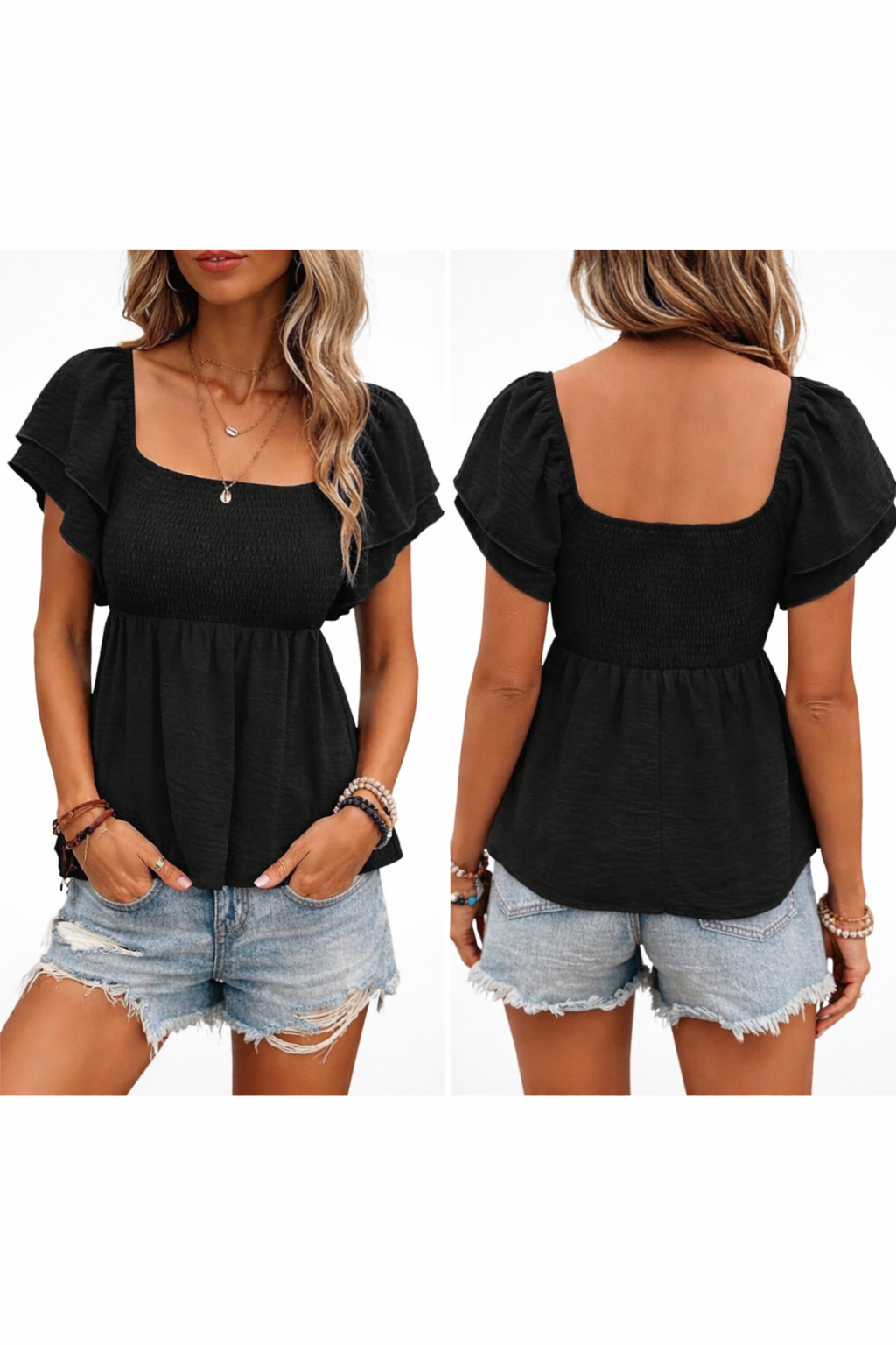 Black peplum top styled for evening terrace — RIVI