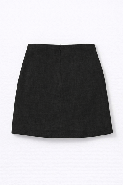Black linen mini skirt flat lay — RIVI