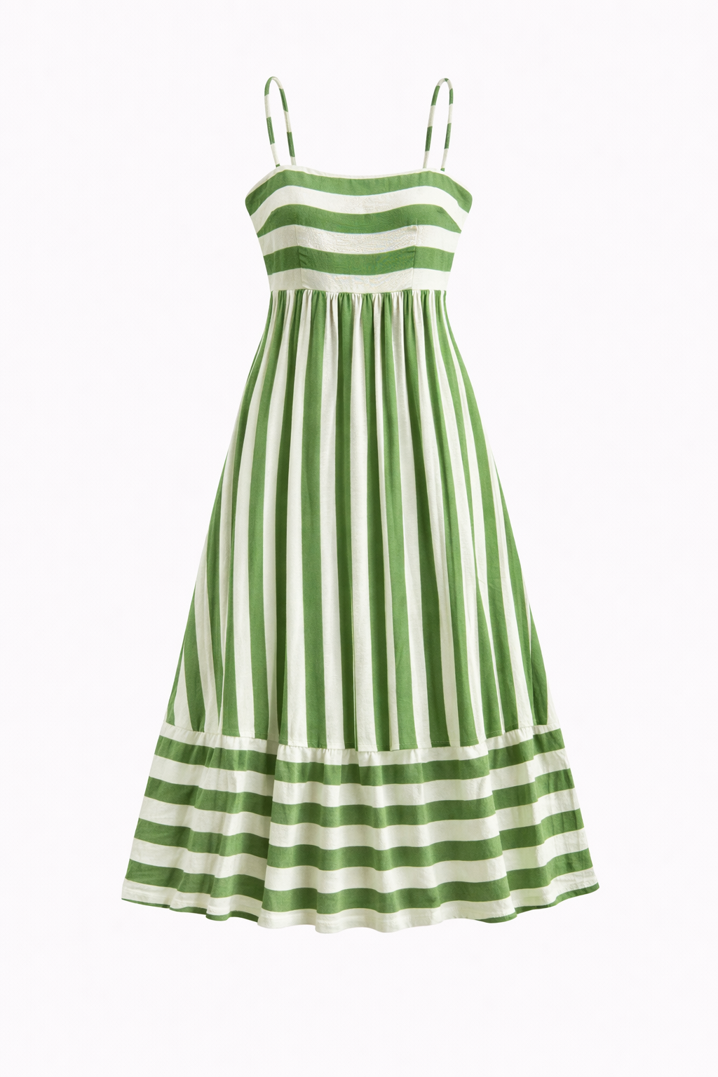 green striped maxi dress on a minimal studio background