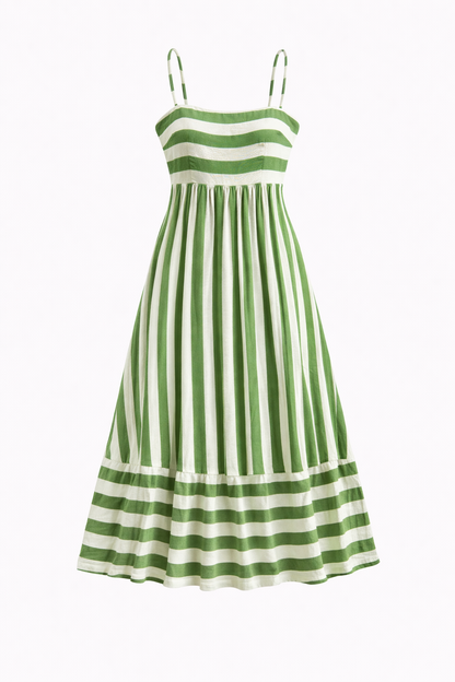 green striped maxi dress on a minimal studio background