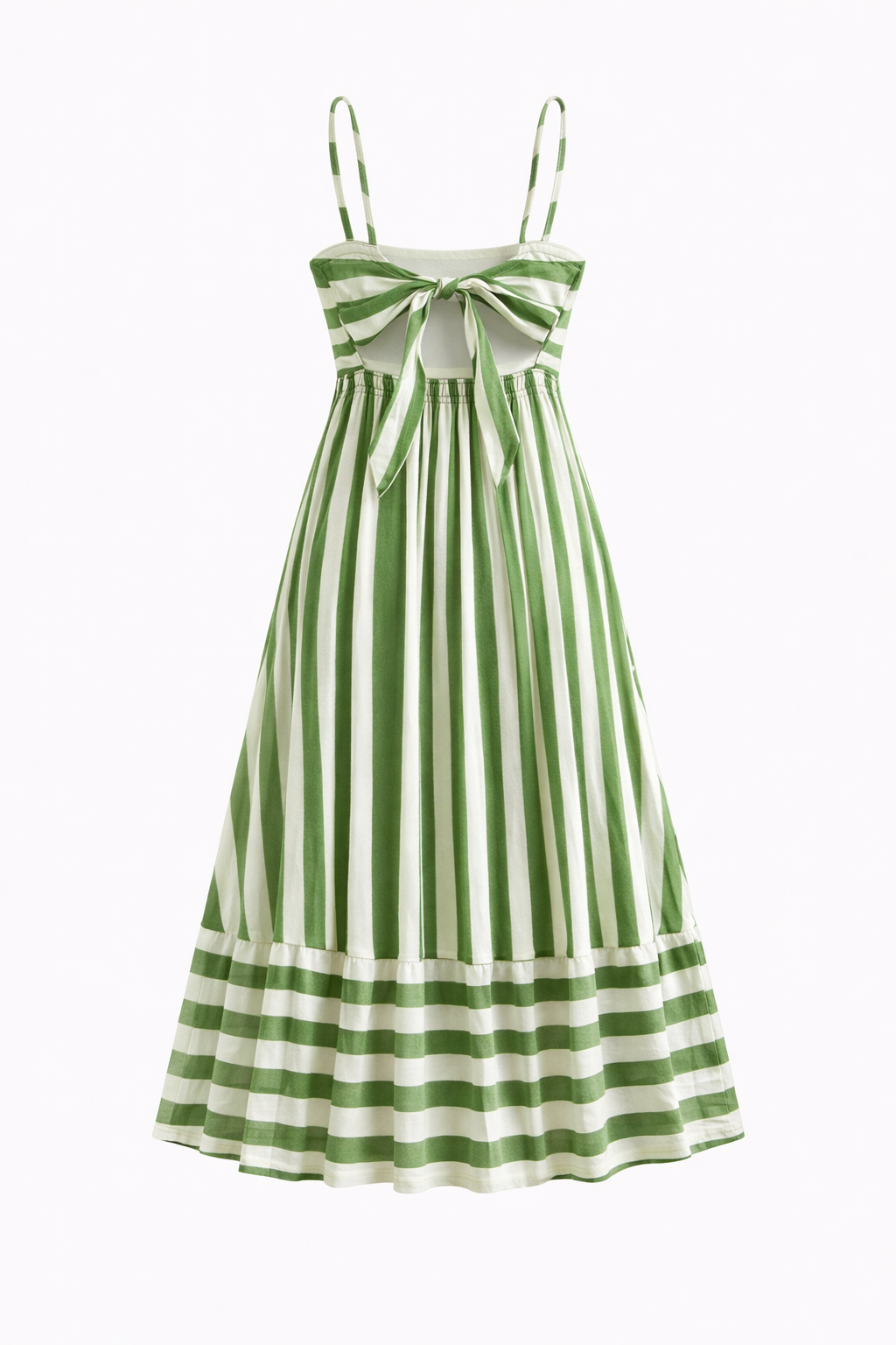 green striped maxi dress on a minimal studio background