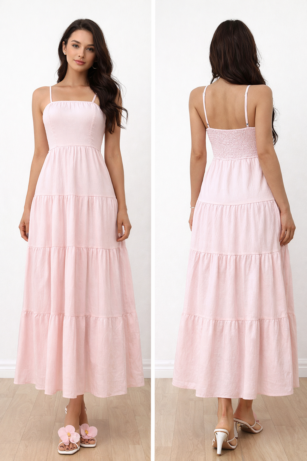 Pink tiered maxi dress — studio front and back, smocked back bodice and side zipper detail — RIVI