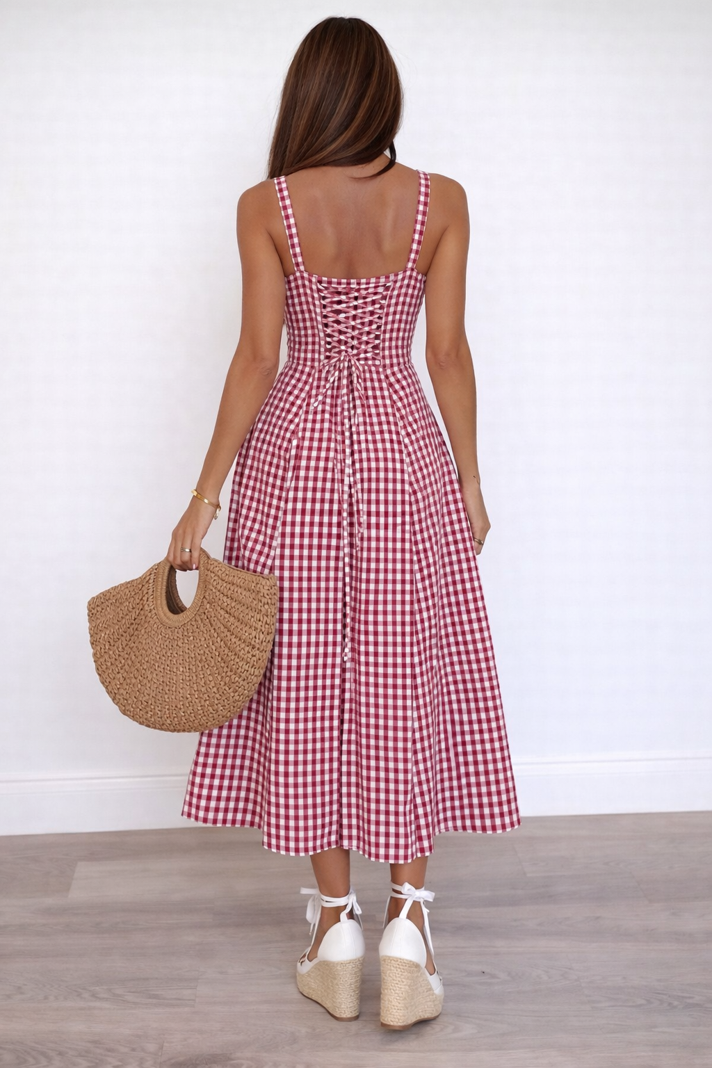red gingham midi dress back view with lace-up detail and adjustable straps