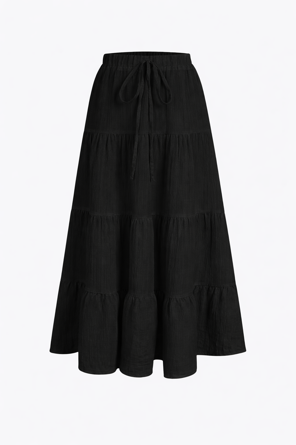 Black cotton tiered maxi skirt — studio front view — RIVI
