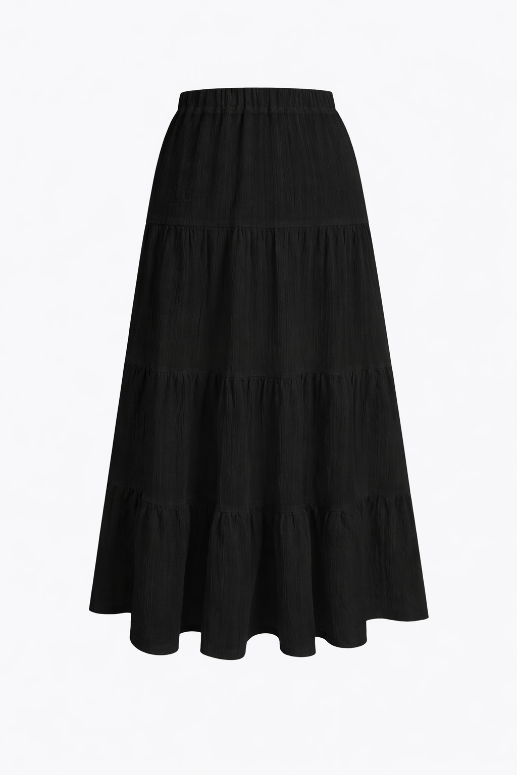 Black tiered maxi skirt close-up — elastic waistband drawstring detail — RIVI