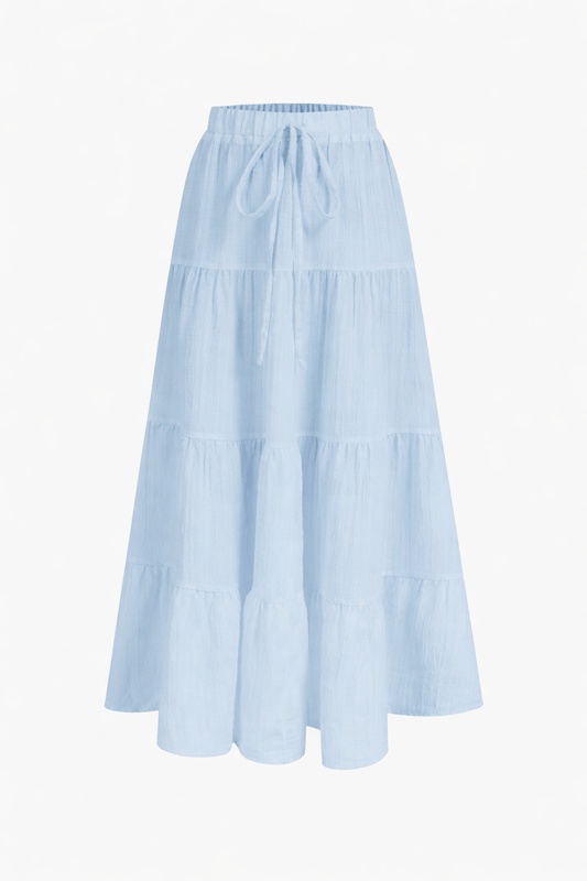 Light blue cotton tiered maxi skirt — studio front view — RIVI