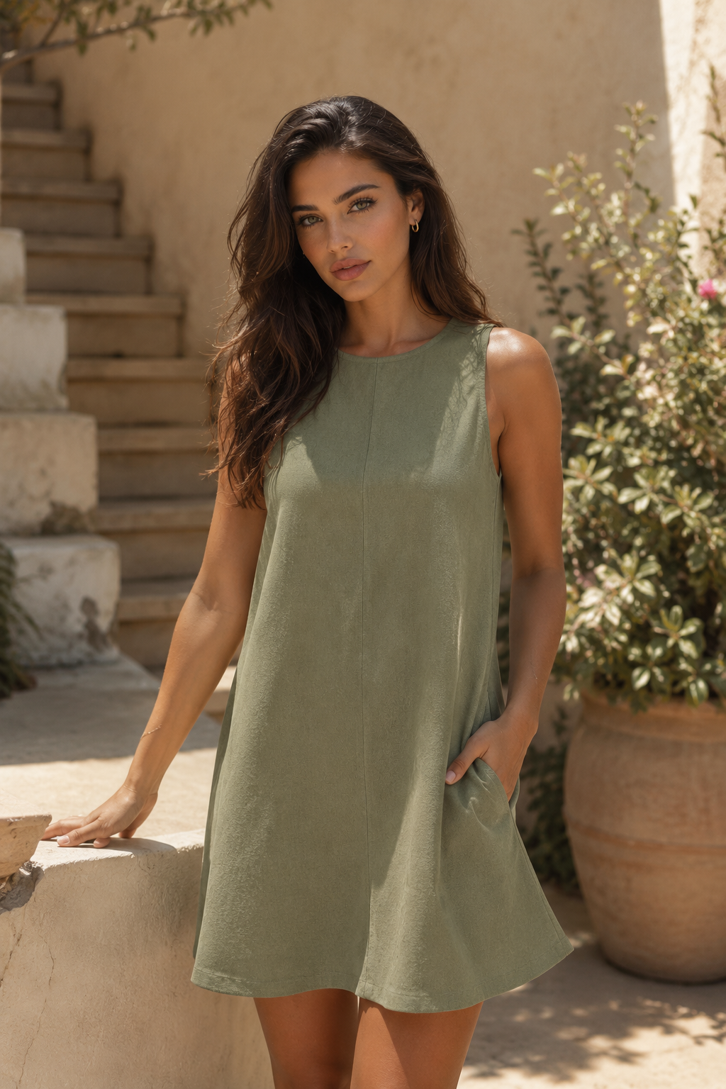 Olive linen blend swing mini dress — RIVI