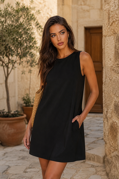 Black linen blend swing mini dress — RIVI