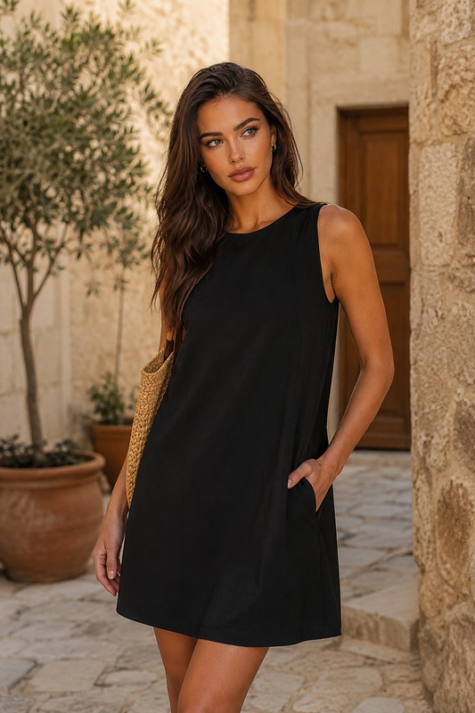 Black linen blend swing mini dress — RIVI