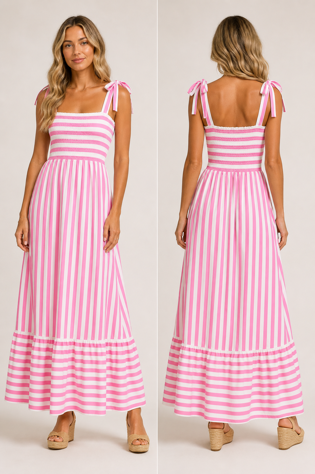 Pink striped smocked maxi dress front and back view — RIVI