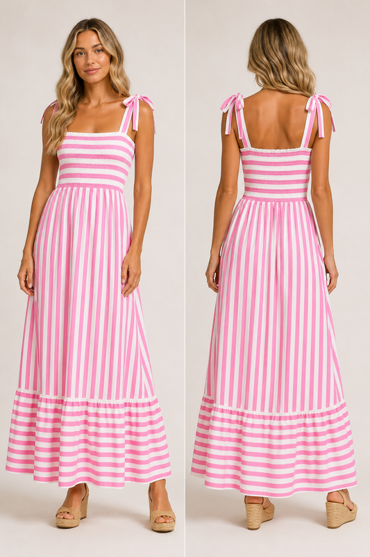Pink striped smocked maxi dress front and back view — RIVI
