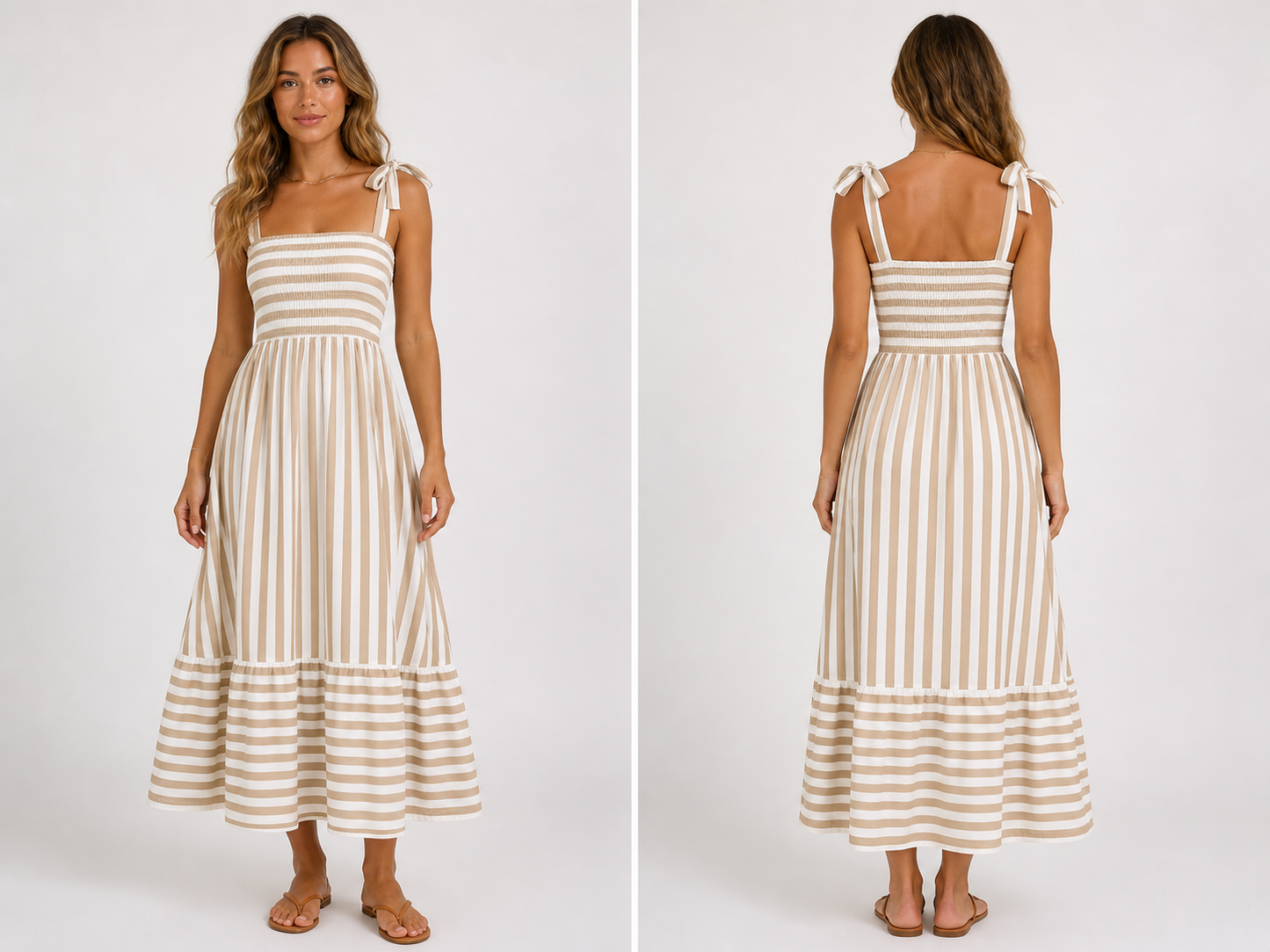 Tan striped smocked maxi dress front and back view — RIVI