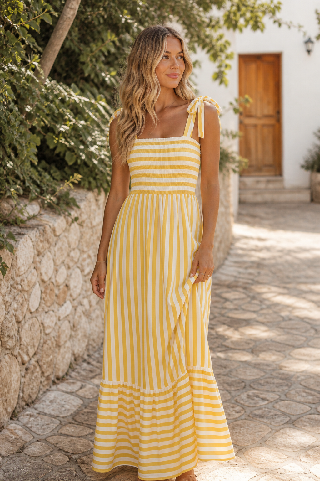 Yellow white striped smocked ruffle maxi dress in Sicilian village lane — RIVI
