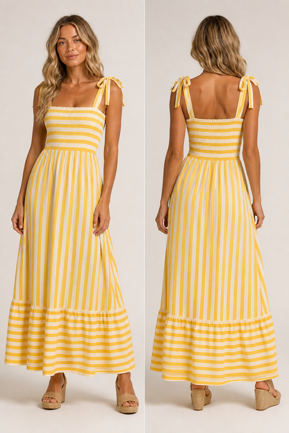 Yellow striped smocked maxi dress front and back view — RIVI