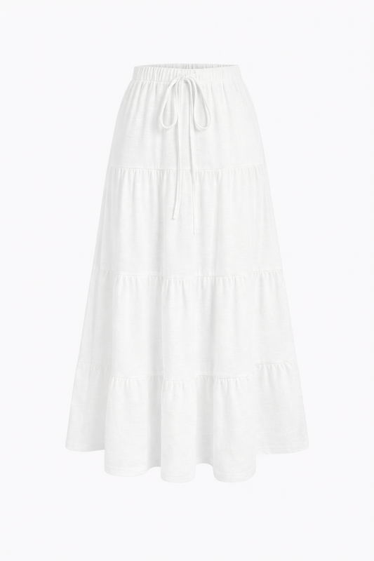 White cotton tiered maxi skirt — studio front view — RIVI