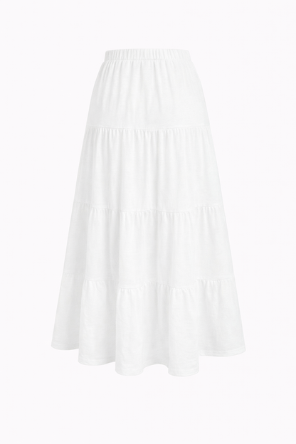 White tiered maxi skirt — elastic waistband and drawstring tie detail — RIVI